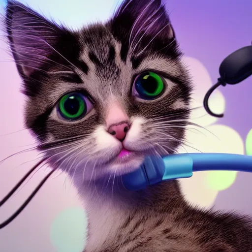 Image similar to a cute kitten streaming on twitch wearing headset, digital art, very detailed 4k by Pixar