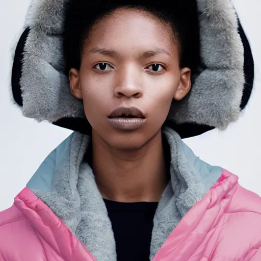 Image similar to realistic photoshooting for a new issey miyake lookbook, color film photography, portrait of a beautiful woman, model is wearing a asymetrical puffer jacket, photo in style of tyler mitchell, 3 5 mm,