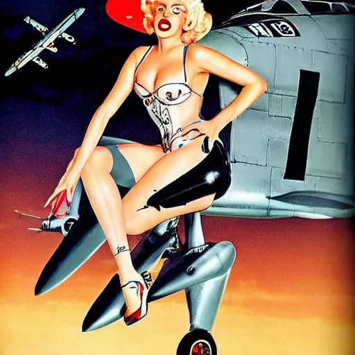 Image similar to lady gaga as a pinup model as nose art on the front of a b - 1 7 bomber