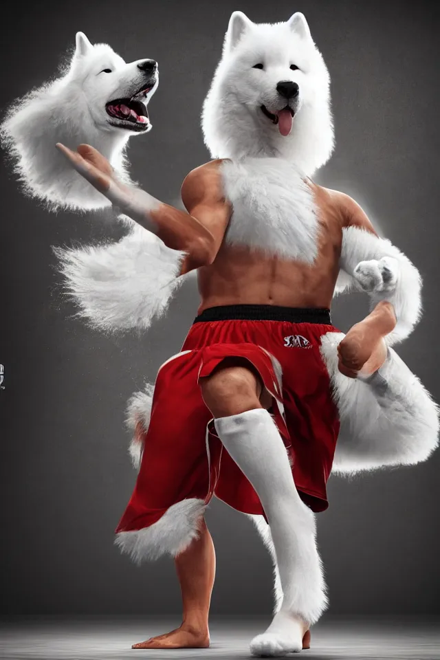 Prompt: samoyed dog head on a human body as a muay thai kickboxer, gloves on hands, Wai Kru Ram Muay, Rajadamnern Stadium, world championship fight, photorealistic, cinematic lighting, 4k