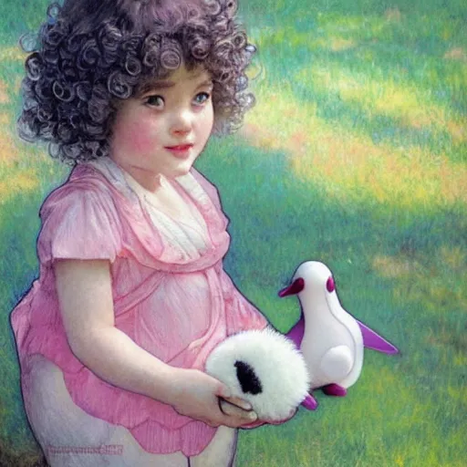 Image similar to a beautiful [[[[[smiling]]]]] little blonde toddler girl with short loosely curly hair, at the park on a beautiful day, holding a round all-pink stuffed penguin, by Artgerm, Mucha Klimt, Hiroshi Yoshida and Craig Mullins, featured on Artstation, CGSociety, Behance HD, Deviantart