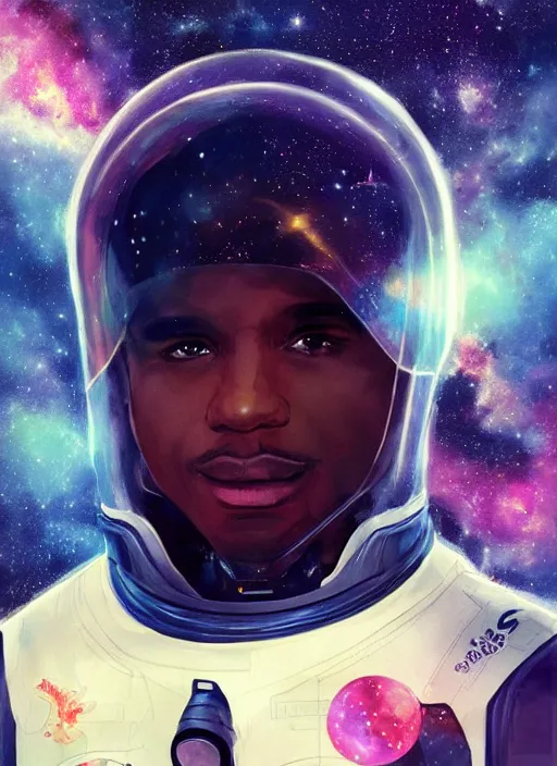 Image similar to handsome black man in an advanced spacesuit in front of exploding nebulae halos, digital illustration trending on artstation by artgerm and rutkowski