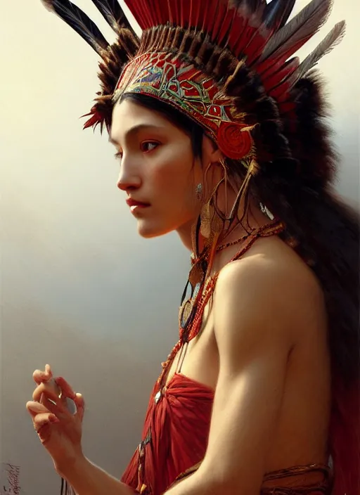 Image similar to gorgeous redskin woman wearing headdress, intricate, elegant, highly detailed, artstation, concept art, smooth, sharp focus, illustration, art by and greg rutkowski and orientalism and bouguereau