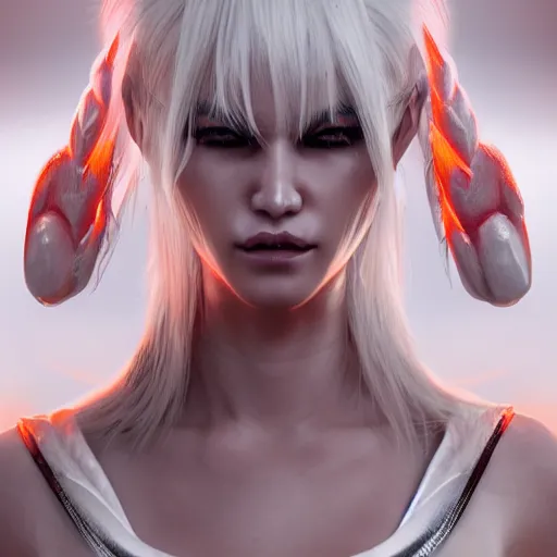 Image similar to a highly detailed portrait of a humanoid demon girl with white hair, red horns, in white clothes, artstation, deviantart, professional, unreal engine 5, photorealistic