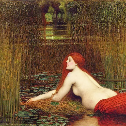 Image similar to ophelia under the river amongst the reeds, leonardo devinci, botticelli,, rosetti and monet, william holman hunt, 8 k