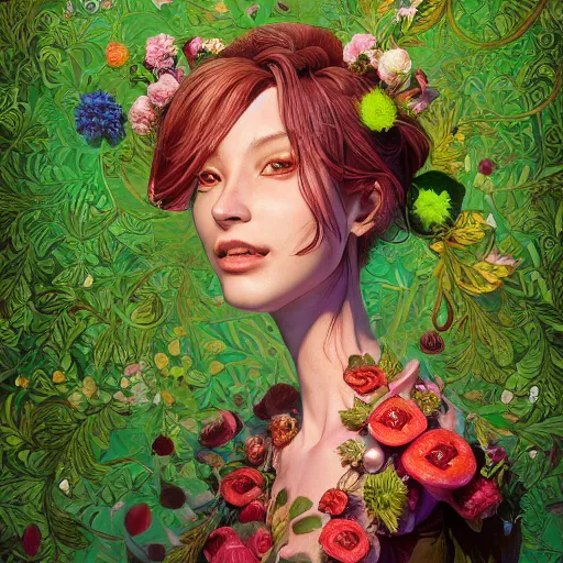 Prompt: the portrait of an absurdly beautiful, graceful, elegant, sophisticated woman made of strawberries and green petals looking up, an ultrafine hyperdetailed illustration by kim jung gi, irakli nadar, intricate linework, bright colors, octopath traveler, final fantasy, unreal engine 5 highly rendered, global illumination, radiant light, detailed and intricate environment