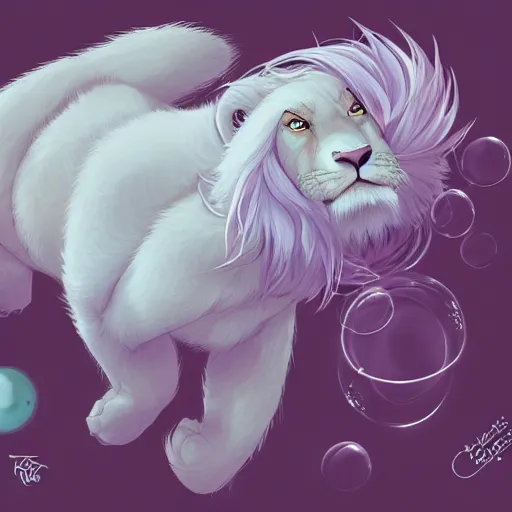 Image similar to aesthetic overhead photo portrait commission of a albino male furry anthro lion lying on a perfect lavender garden like a bed with bubbles surrounding him while wearing a cute mint colored cozy soft pastel winter outfit with pearls on it, winter Atmosphere. Character design by charlie bowater, ross tran, artgerm, and makoto shinkai, detailed, inked, western comic book art, 2021 award winning painting