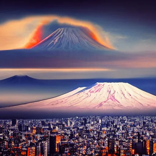 Prompt: landscape dramatic view of hell engulfing tokyo with mount fuji in background, realistic, 3 d art, dystopia