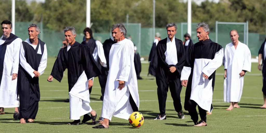 Prompt: Mauricio Macri playing football with judges in robes