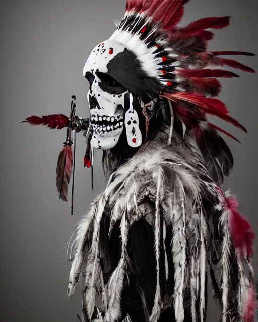 Image similar to the ghost - spirit of the grim - warpaint wears the scarlet skull armor and native blood headdress feathers, midnight fog - mist!, dark oil painting colors, realism, cinematic lighting, various refining methods, micro macro autofocus, ultra definition, award winning photo, photograph by jamie salmon