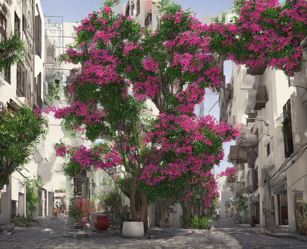 Image similar to a very beautiful scene, ambient occlusion render. small street in tel aviv, busy, shops, bauhaus, sunlight, bougainvillea, hyperrealistic, 4 k. lovely scene. concept art. unreal engine.