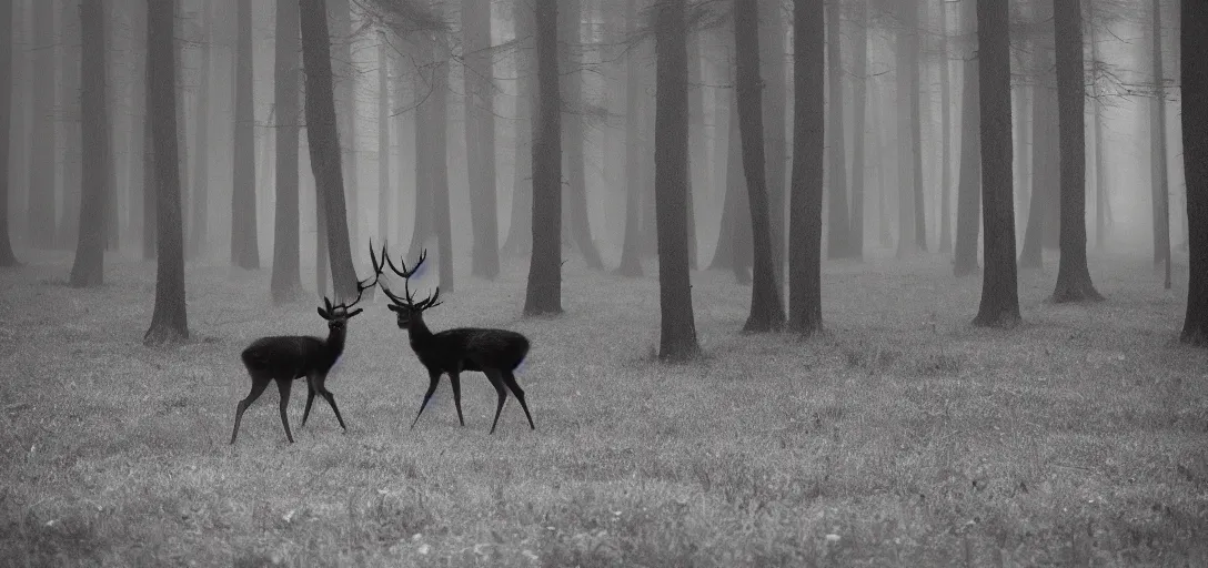 Prompt: wood, fog, wolf hunting black deer with big antlers, pinhole analogue photo quality, monochrome, blur, unfocus, cinematic, 35mm