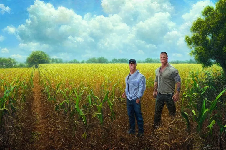 Prompt: john cena in a corn field, an oil painting by ross tran and thomas kincade