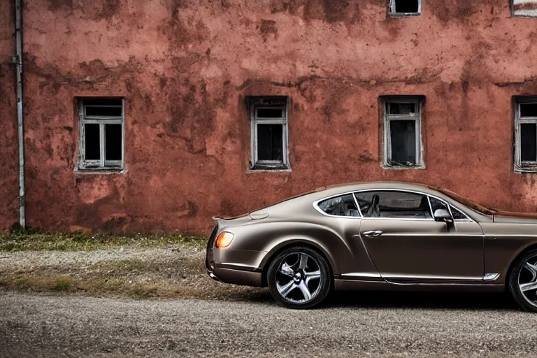 Image similar to modern rusty matte tired Bentley Continental GT without gloss no reflections drives along the road of an old Russian village with houses at the edges