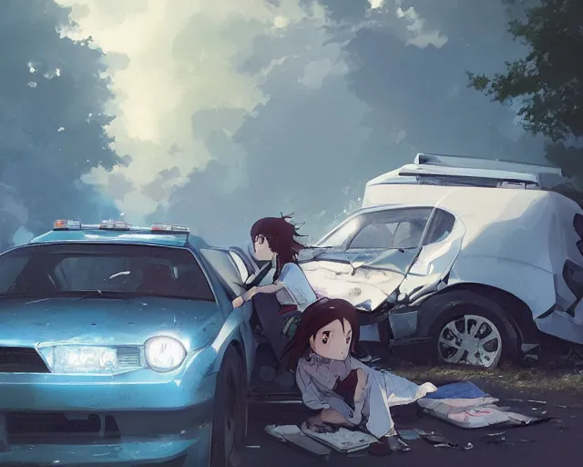 Image similar to a brunnete girl with blue eyes and puffy cheeks lying in a car accident, ambulances around the scene, anime art, Greg Rutkowski, studio ghibli, dramatic lighting