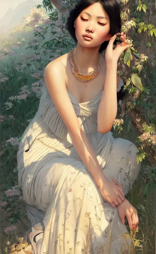 Image similar to a beautiful young charming asian goddess with sundress and jewelry | | winter, realistic shaded, unpleasant face, good looking, fine details, dior, lv, realistic shaded lighting poster by greg rutkowski, macoto takahashi, magali villeneuve, artgerm, jeremy lipkin and michael garmash