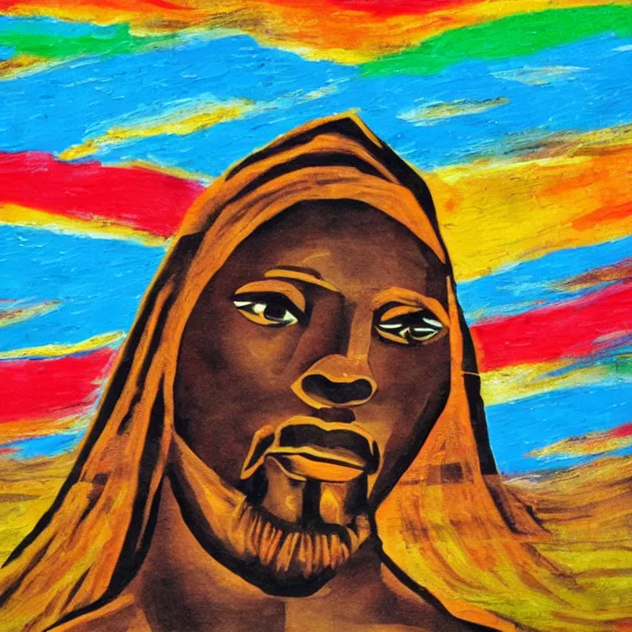 Image similar to UFO hovering over an African Jesus , clouds, colorful, in the style of Nigerian truck art,