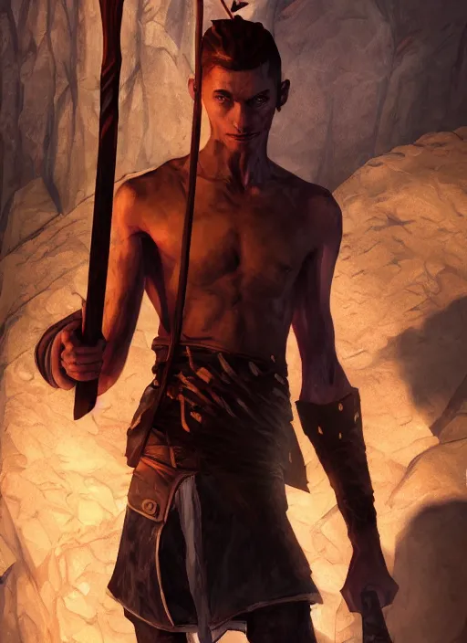 Image similar to an epic fantasy comic book style portrait painting of a skinny, lean and cruel man with a cudgel who bosses around children in a cave, unreal 5, daz, hyperrealistic, octane render, cosplay, rpg portrait, dynamic lighting