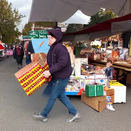 Image similar to hyperrealistic photo of the Snappy Gifts mascot delivering gifts in a flea market