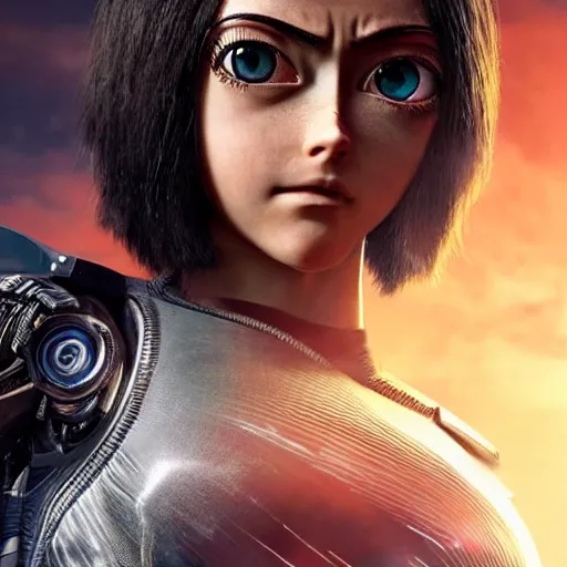 Image similar to alita battle angel selfie, tight attire, realistic, hyper detail, very detailed, cinematic, ultra details, photorealistic, cute, insanely detailed