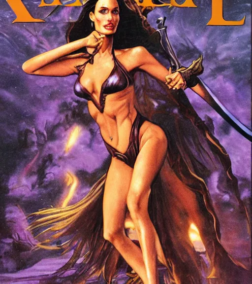 Image similar to 1 9 8 0 s fantasy novel book cover, amazonian angelina jolie in extremely tight bikini armor wielding a cartoonishly large sword, exaggerated body features, dark and smoky background, low quality print