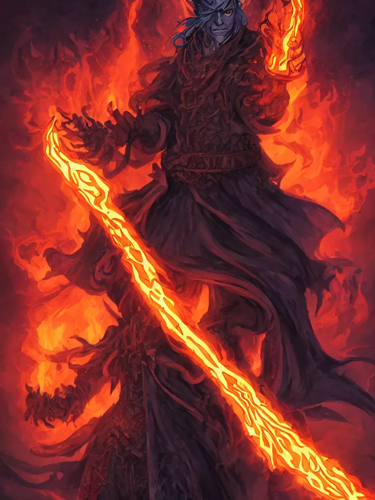 Image similar to dungeons and dragons official art of male fire genasi wizard with pitch black skin, flaming hair, glowing orange eyes, wearing black wizard robes, smug smile, holding a wooden staff, official print, book cover art