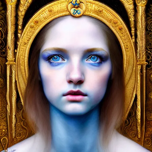 Prompt: young poppy goddess, portrait, blue eyes, beautiful face, long hair, emotionally evoking symbolic metaphor, head in focus, fantasy, ornamental, intricate, elegant, sensual, highly detailed, digital painting, artstation, concept art, smooth, golden ratio, sharp focus, illustration, art by John Collier and Krenz Cushart and Artem Demura and and Greg Rutkowski and Alphonse Mucha and Albert Aublet