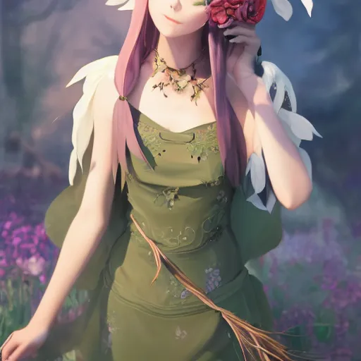 Image similar to a stunning portrait of an olive - skinned witch with cat ears wearing an ornate flower dress, by makoto shinkai, wlop, andrei riabovitchev, sakimichan, summer vibes, very coherent symmetrical artwork, perfect face, studio lighting, 4 k, masterpiece, trending on artstation