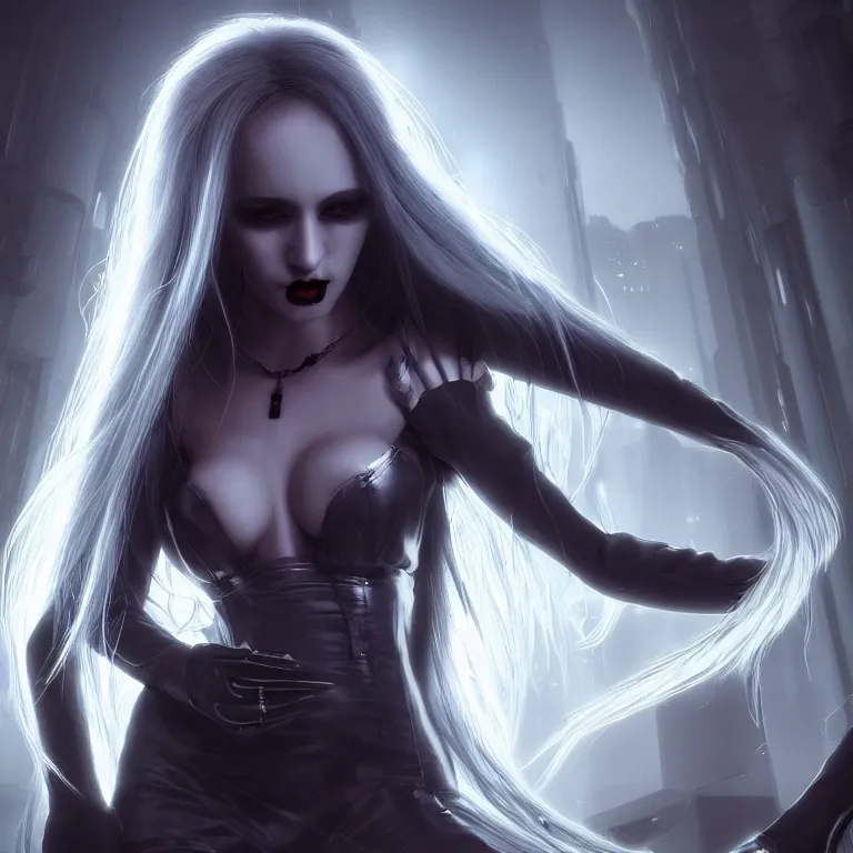 Prompt: cyberpunk female vampire, with brilliant silver flowing hair, concept art by jama jurabaev, cinematic shot, trending on artstation, hybrid from the elden ring and art direction by darius zawadzki ; by artgerm ; wayne reynolds art station ; cinematic quality character render ; low angle ; ultra high quality model ; production quality cinema model