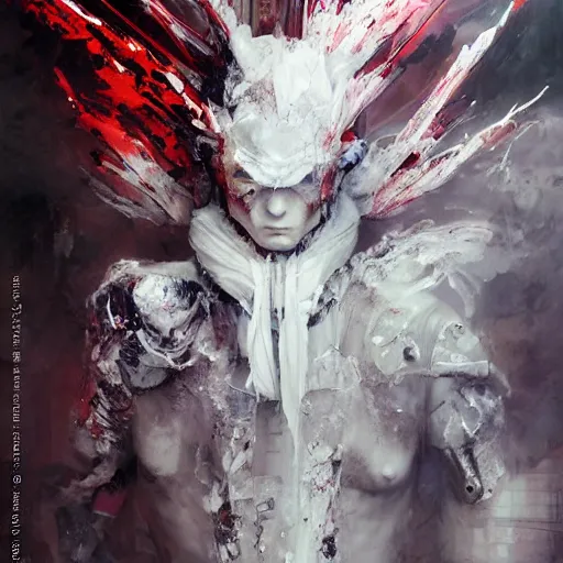 Image similar to a humanoid cyberpunk white dragon wearing a white mage robe by melmoth zdzislaw belsinki craig mullins yoji shinkawa realistic render ominous detailed photo atmospheric by jeremy mann francis bacon and agnes cecile ink drips paint smears digital glitches glitchart, realistic anime, dramatic lighting, red light, red highlights