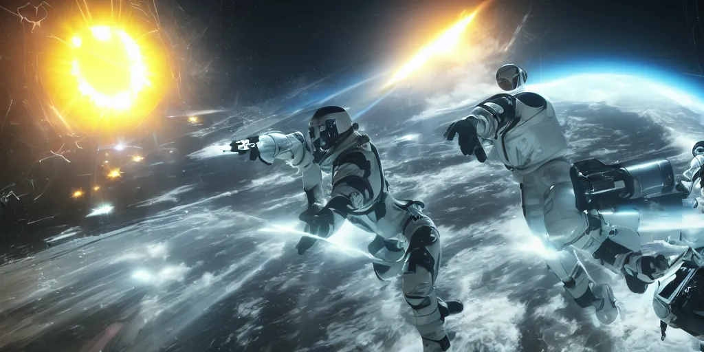 Prompt: futuristic spacemen firing lasers in zero gravity, skintight suits, floating, floating white star - shaped obstacles, surrounded by a laser grid, unreal engine, lensflares, low perspective