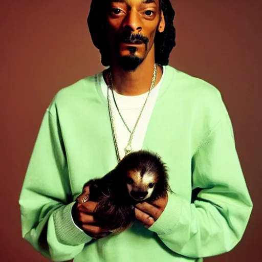 Prompt: Snoop Dogg holding a Sloth for a 1990s sitcom tv show, Studio Photograph, portrait, C 12.0