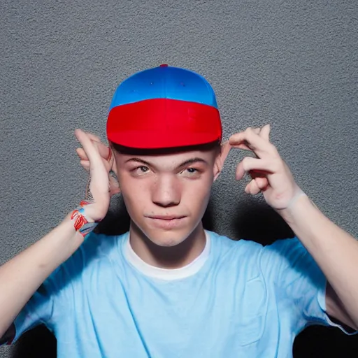 Image similar to a portrait of an american teenage boy with cyan colored hair, wearing a red backwards cap with a blue brim, white t - shirt with a red no symbol on it, blue long pants and red shoes, holding a microphone, studio lighting, photoshoot, grey backdrop