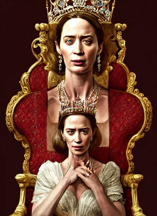 Prompt: portrait of emily blunt as queen on a throne, jewelry, greek, ruby, victorian age, 1 8 9 0, intricate, headshot, key visual, conceptart, ambient lighting, highly detailed, digital painting, artstation, concept art, sharp focus, by makoto shinkai and akihiko yoshida and greg manchess