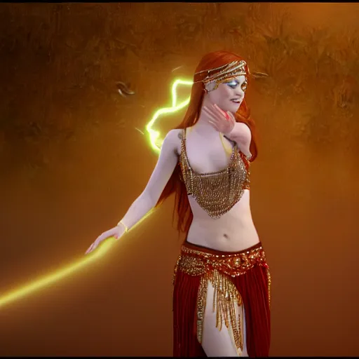 Image similar to a photorealistic portrait of actress emma stone dressed as a belly dancer, arabian night, volumetric lightening, octane render, high quality, fully detailed, 4 k, in focus sharp face with fine details, five human fingers, well structured hands, inspired by belly dancer on youtube, alphonse mucha, masterpiece, stunning