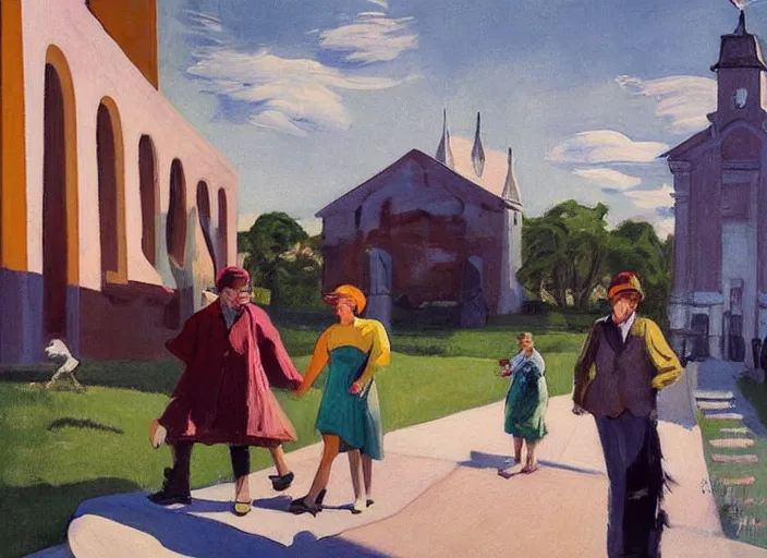 Image similar to painting, young lovers holding hands walking by river, she's wearing rags and feathers from salvation army counters, and the sun pours down like honey on our lady of the harbor church in montreal, by paula rego, by neo rauch, by edward hopper