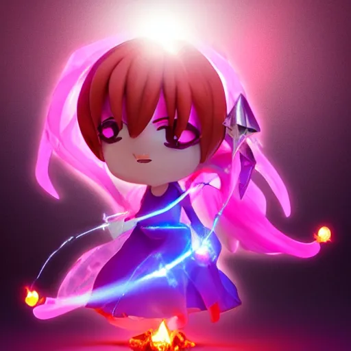 Image similar to cute pvc figure of a chibi sorceress casting flare maxima, the most powerful incinerating spell in the universe, lens flare, motion blur, artstation