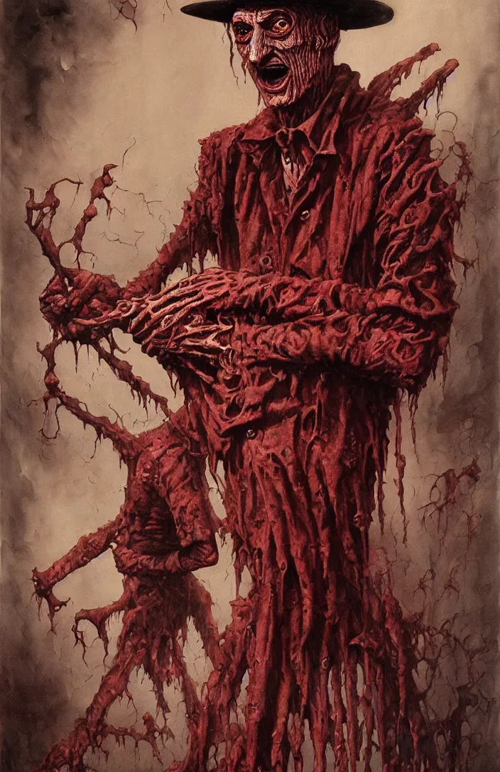 Image similar to freddy krueger in the style of wayne barlowe, gustav moreau, goward, bussiere, roberto ferri, santiago caruso, luis ricardo falero, dali