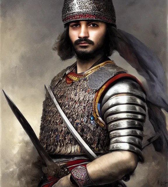 Prompt: portrait of a handsome young turkish warrior, art by denys tsiperko and bogdan rezunenko and eugene girardet, hyperrealism