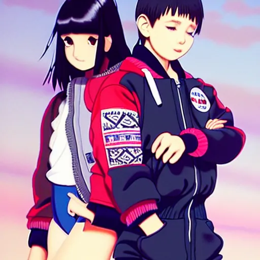 Image similar to a beautiful boyish natalie portman gravure model, wearing oversized mayan bomber jacket and leotard with overalls, bulky poofy bomber jacket with mesoamerican patterns, mesoamerican street fashion, gapmoe yandere grimdark, trending on pixiv fanbox, painted by greg rutkowski makoto shinkai takashi takeuchi studio ghibli, akihiko yoshida