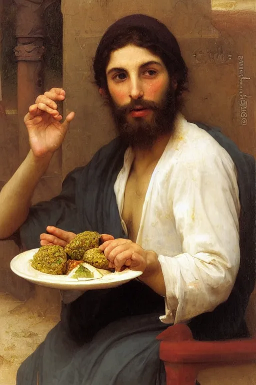 Prompt: portrait of a young Israeli man eating falafel, bouguereau