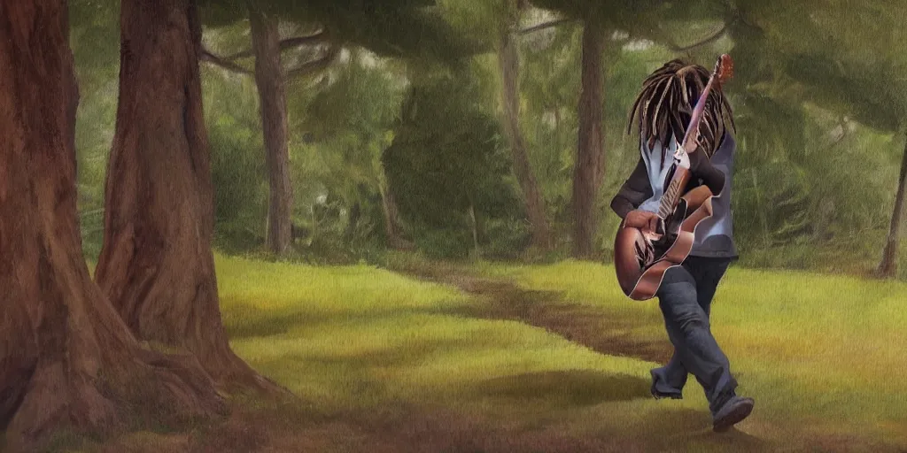 Image similar to side shot of a man with dreadlocks walking while playing the guitar with trees in the background, beautyful painting, hyperrealistic, animation, concept art