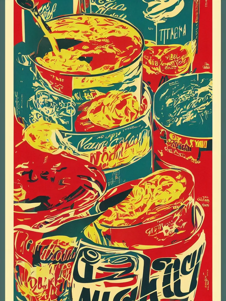 Image similar to vintage italian graphic design poster, nissin cup noodles, stylish, colorful, visual communications