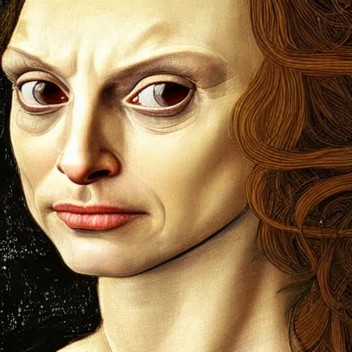 Image similar to natalie portman as gollum, elegant portrait by sandro botticelli, detailed, symmetrical, intricate