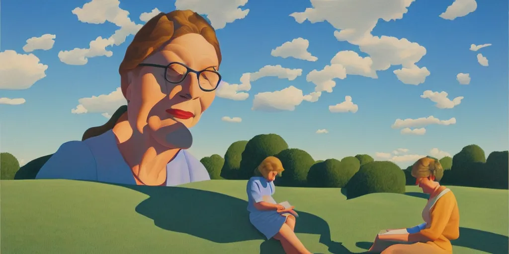 Image similar to knitting grandma, blue sky, summer evening, kenton nelson