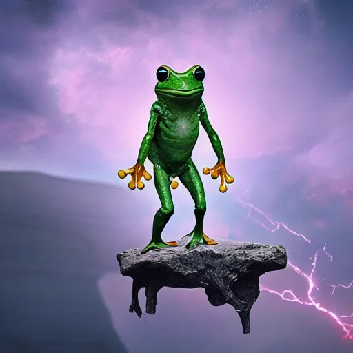 Image similar to a frog solider with muscles standing on two feet and lifting a planet, cinematic lightning, 8 k, octane, digital art, matte painting, vivid colors