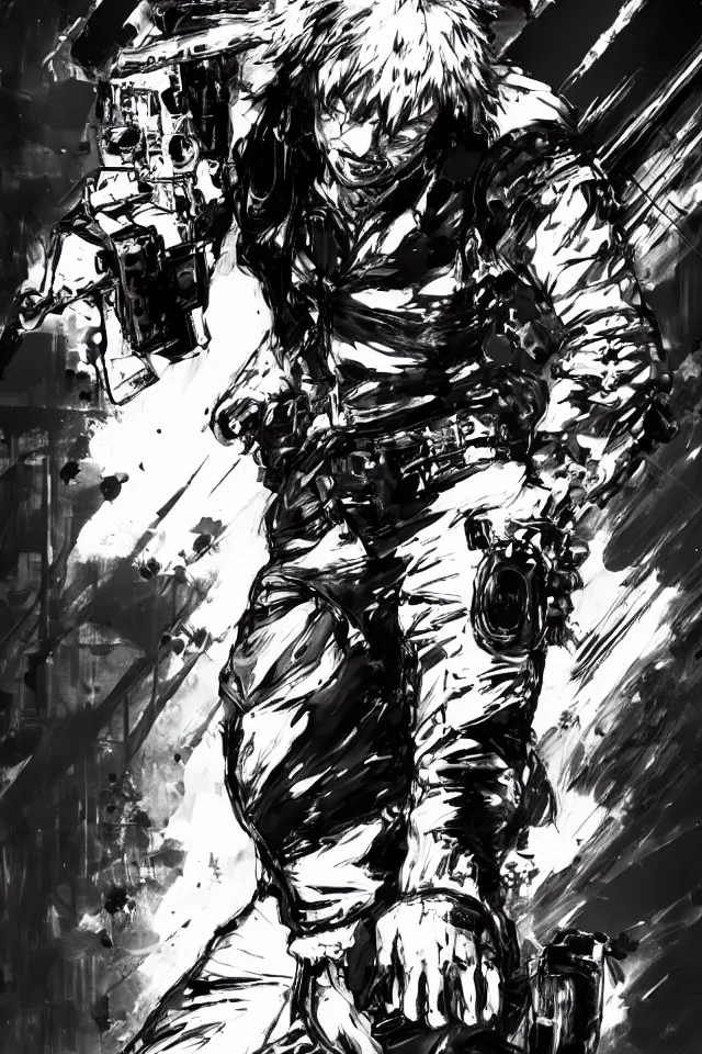 Prompt: a full - body portrait of chainsaw man, in yoji shinkawa's art style, metal gear solid art style, manga, highly detailed, 4 k, artistic, white background, b & w