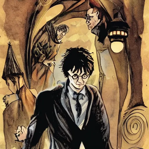 Prompt: in one frame Harry Potter in The Sandman comic, by Neil Gaiman, by Dave McKean, comics Sandman, small details, whole-length, clear faces, high detail