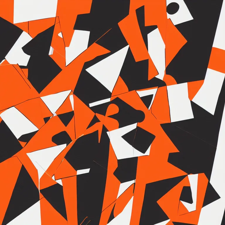 Prompt: simple cubism graphic illustration, newsletter from the future, basic shapes, orange white and black, clean edges