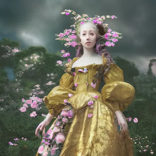 Prompt: 8k, octane render, realism, tonalism, renaissance, rococo, baroque, portrait of a young lady wearing long harajuku manga dress with flowers and skulls standing in a renaissance park, chaotic gold leaf flowers